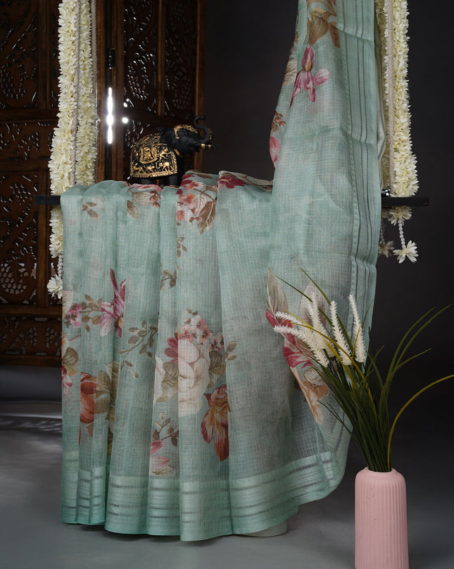 Kota cotton Saree with Floral Print - Mint Green
