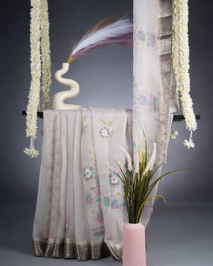 Kora Organza Thread Work With Contrast Border - Ash