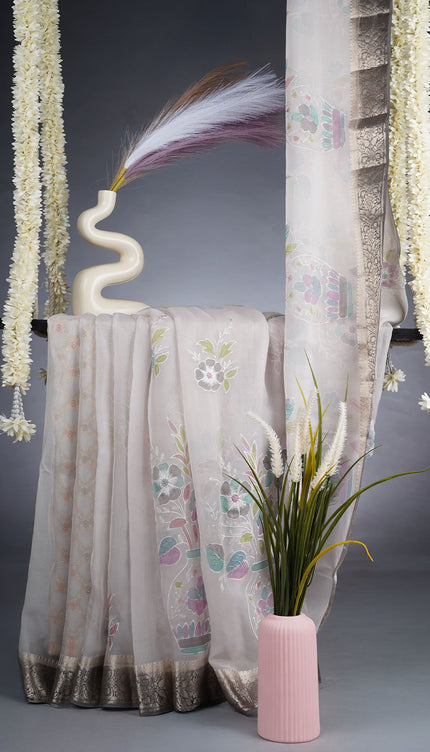 Kora Organza Thread Work With Contrast Border - Ash