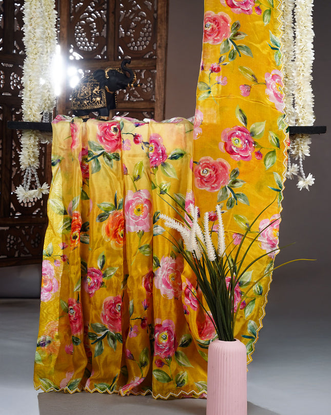 Russian Crape Allover Floral Print with Scallop Border and Pearl Work- Yellow