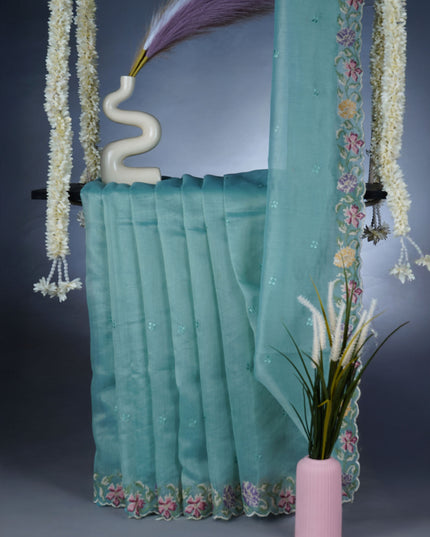 Linen Saree With Thread Work Butties and Scallop Border - Mint Blue