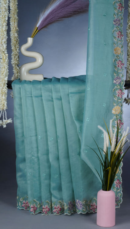 Linen Saree With Thread Work Butties and Scallop Border - Mint Blue