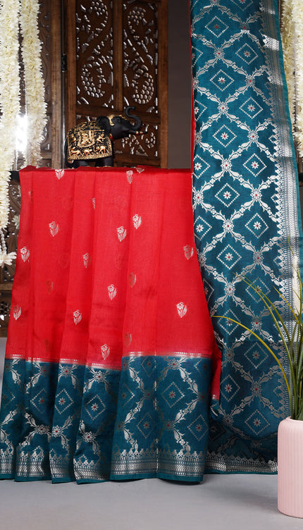 Chanderi Silk Saree With Golden Butties Contrast Border - Red