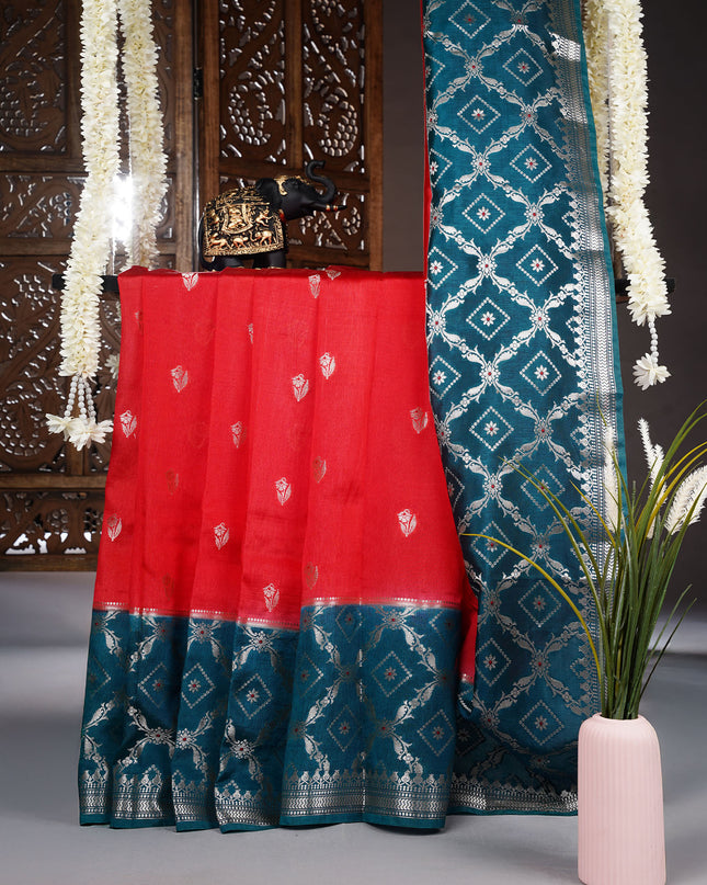 Chanderi Silk Saree With Golden Butties Contrast Border - Red
