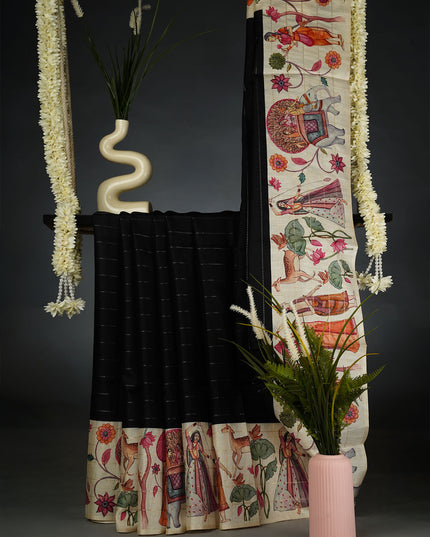 Tusser Silk Saree with Digital Print and Contrast Border- Black