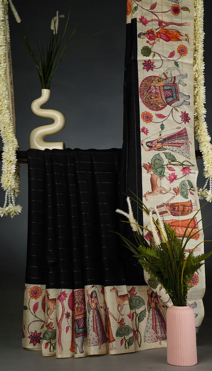Tusser Silk Saree with Digital Print and Contrast Border- Black