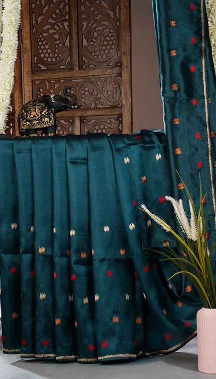 Dupion silk saree with thread butties and border - Teal Green