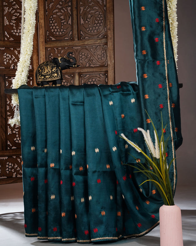 Dupion silk saree with thread butties and border - Teal Green