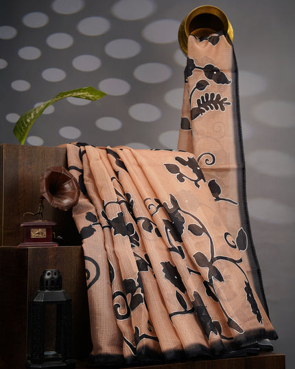 Kota Silk Floral Print Ari Work With Lace Border - Tan