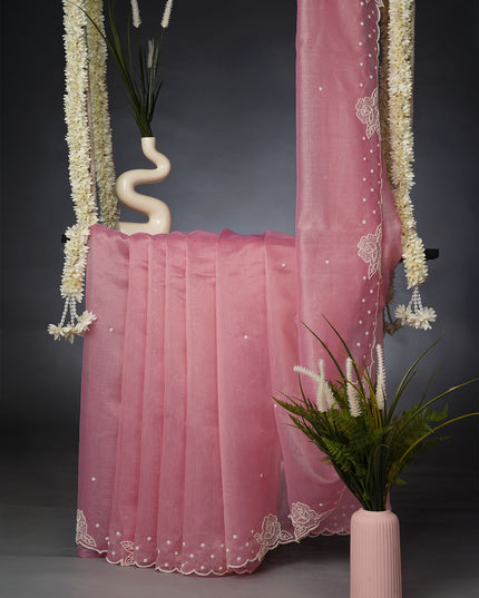 Tissue Lenin Saree and Scallop Border and Pearl Work- Onion Pink