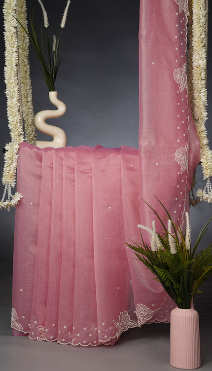 Tissue Lenin Saree and Scallop Border and Pearl Work- Onion Pink