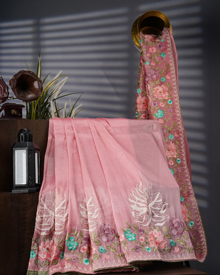 Tissue Georgette With thread Embroidery Work And Border - Pink