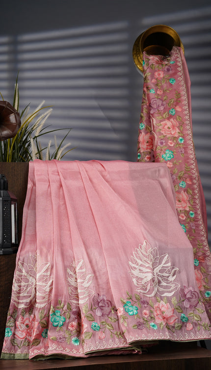 Tissue Georgette With thread Embroidery Work And Border - Pink
