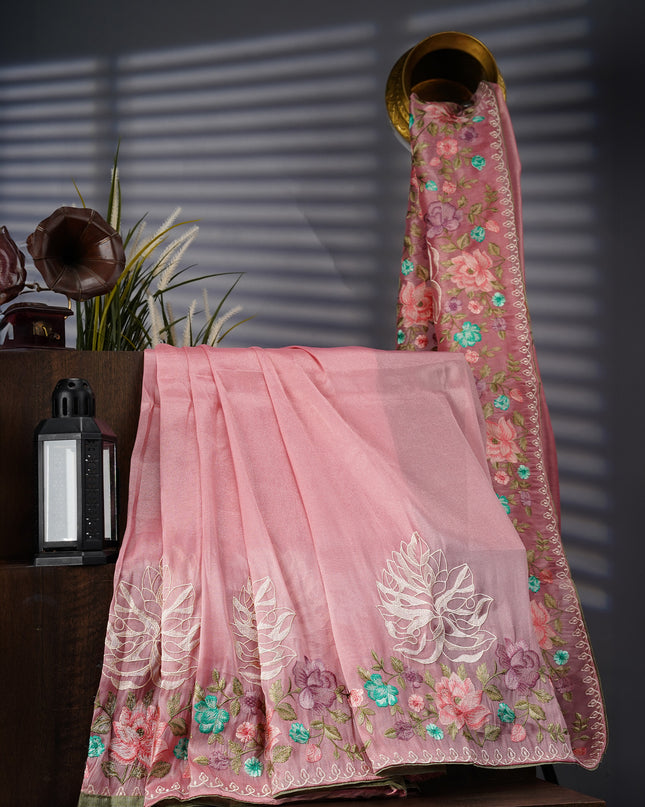 Tissue Georgette With thread Embroidery Work And Border - Pink