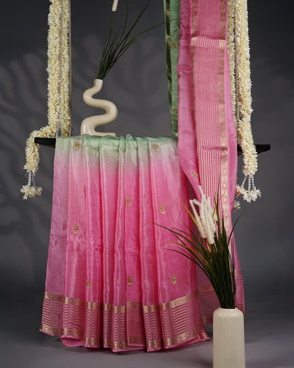 Russian Crepe Kardhana Sequence Work Butties Gold Stripes- Pink and Green