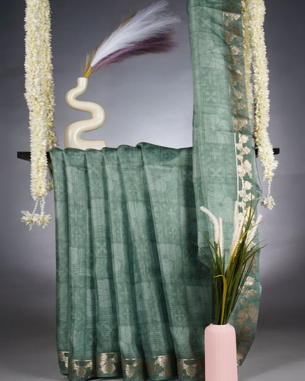 Kota Silk Saree with Floral Print and Gold Zari Border - Green