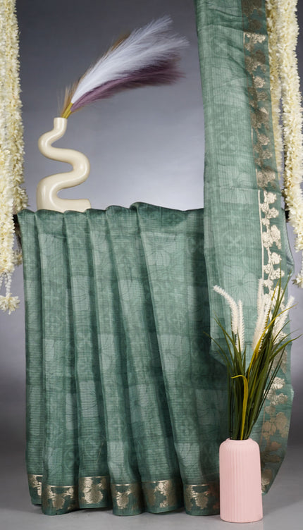 Kota Silk Saree with Floral Print and Gold Zari Border - Green
