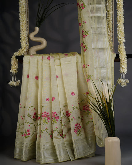 Managalagiri Silk Saree with Thread Embroidery Butties and Silver Border- Cream