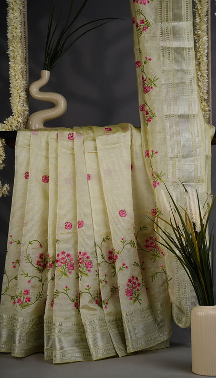 Managalagiri Silk Saree with Thread Embroidery Butties and Silver Border- Cream