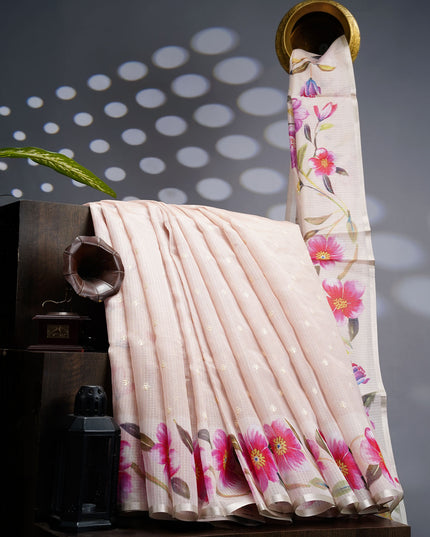 Kota Silk Saree With Thread Work Butties & Floral Border - Beige