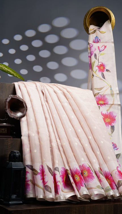 Kota Silk Saree With Thread Work Butties & Floral Border - Beige