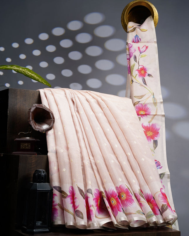 Kota Silk Saree With Thread Work Butties & Floral Border - Beige