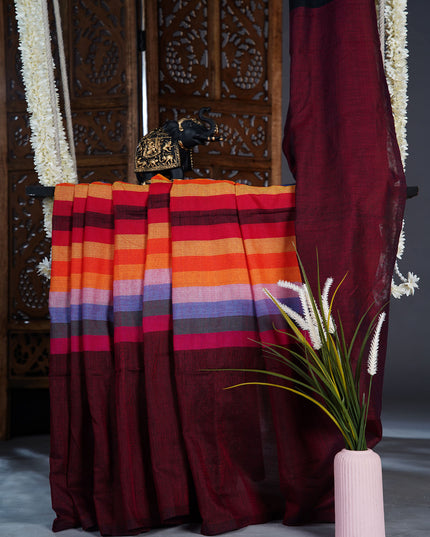 Mulcotton saree with multicolored check pattern - Maroon