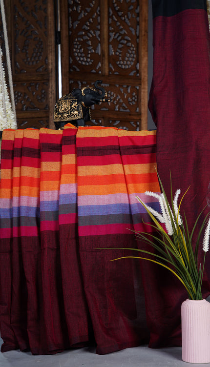 Mulcotton saree with multicolored check pattern - Maroon
