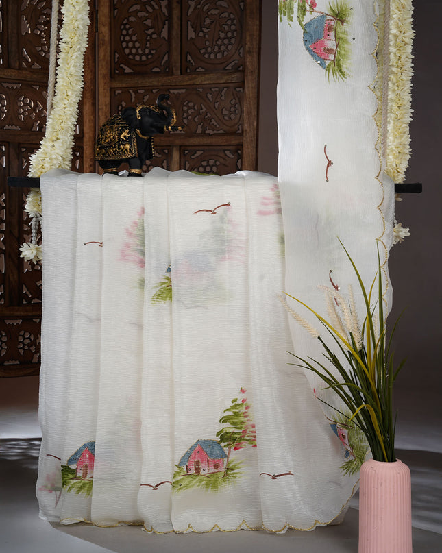 Crush organza saree with hand painting butties and scallop border Kardana & Sequence Work - White