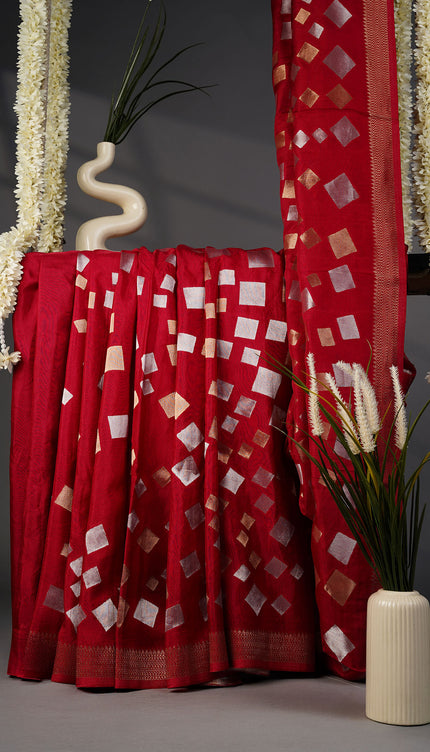 Banaras Silk Saree Gold and Silver Zari Butties and Border- Magenta