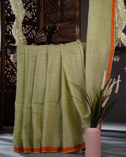 Mul cotton saree with allover check weaving and contrast border - Pista Green