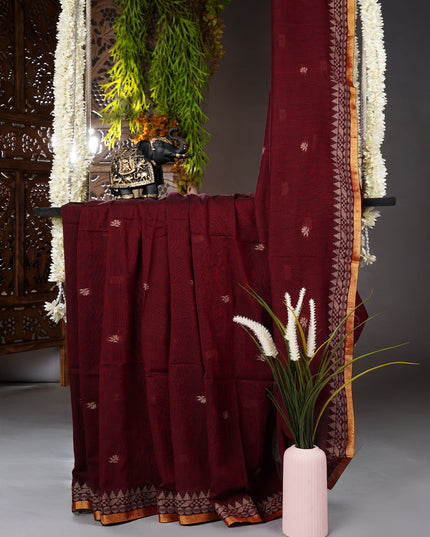 Handloom Cotton Saree with Thread Weaving Border- Maroon
