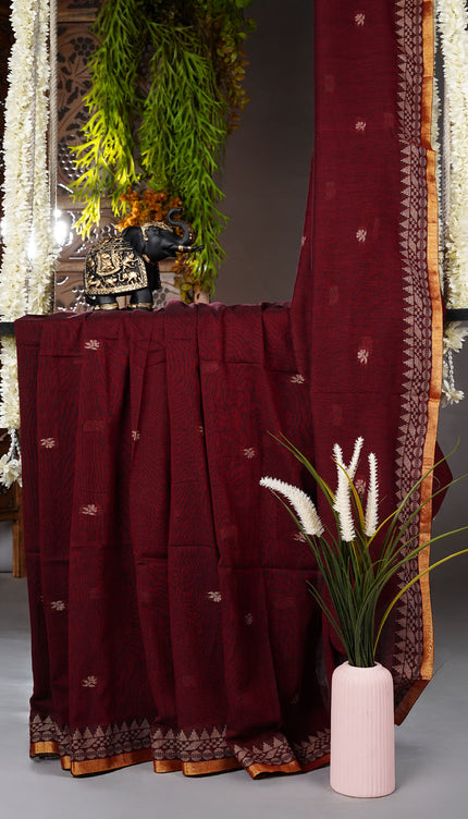 Handloom Cotton Saree with Thread Weaving Border- Maroon