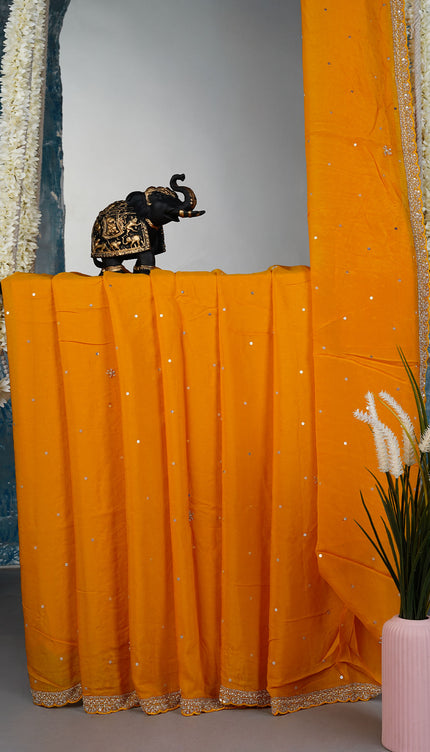 Russian Silk Saree with All Over Sequence Work and scallop border - Yellow