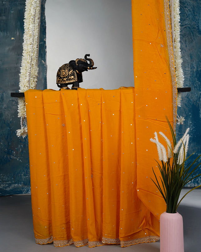 Russian Silk Saree with All Over Sequence Work and scallop border - Yellow