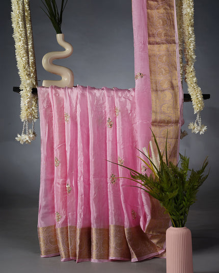 Russian Crepe Pull and Kardhana Butties Golden Stripes Banaras Border- Baby Pink