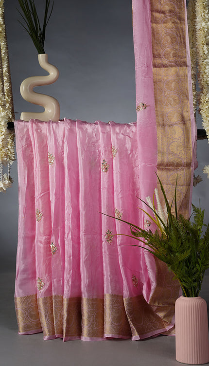 Russian Crepe Pull and Kardhana Butties Golden Stripes Banaras Border- Baby Pink