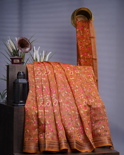 Chanderi Silk Digital Print Antique Zari Border - Tan