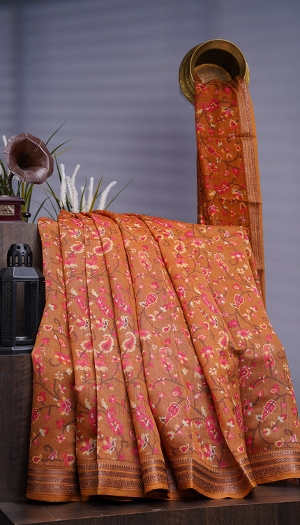 Chanderi Silk Digital Print Antique Zari Border - Tan