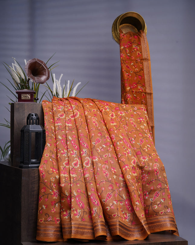 Chanderi Silk Digital Print Antique Zari Border - Tan