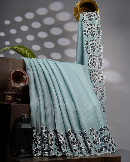 Kota Silk Saree With Floral Print & Ari Work Scallop Border - Greenish Grey