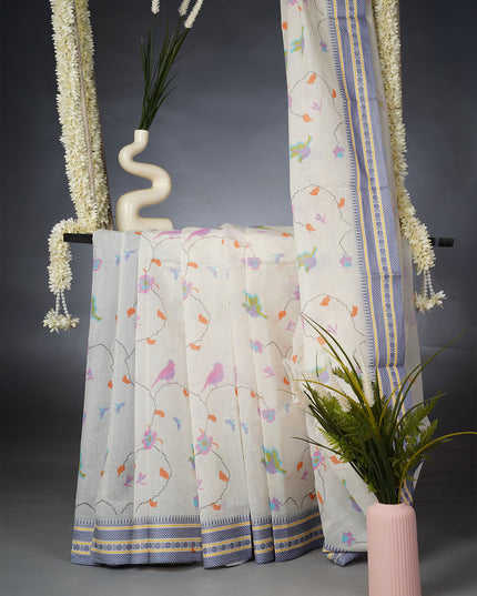 Handloom Cotton Saree with Floral Print and Thread Weaving Border- Cream and Blue