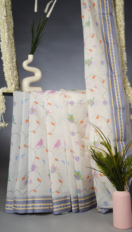 Handloom Cotton Saree with Floral Print and Thread Weaving Border- Cream and Blue