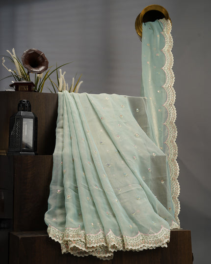 Soft Tissue Organza With Thread Embroidery Butties With Scallop Border - Sea Green