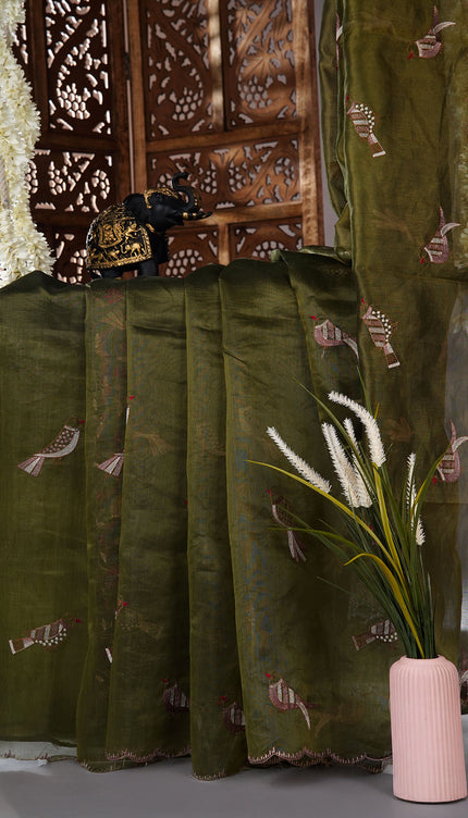 Linen saree with thread work motifs and scallop border - Olive Green