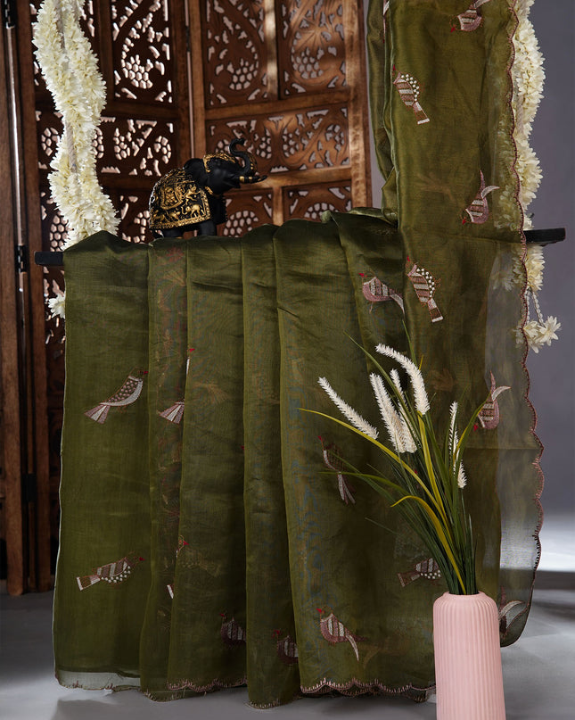 Linen saree with thread work motifs and scallop border - Olive Green