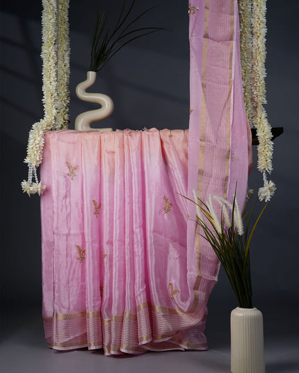 Russian Crepe Kardhana Sequence Work Butties Gold Stripes- Baby Pink