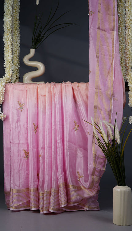 Russian Crepe Kardhana Sequence Work Butties Gold Stripes- Baby Pink