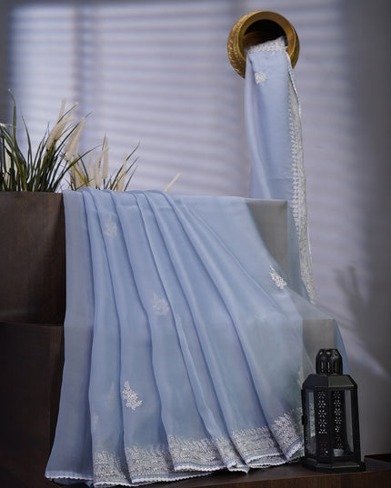Soft Tissue Organza Silk with Kantha Work Lace Border - Sky Blue