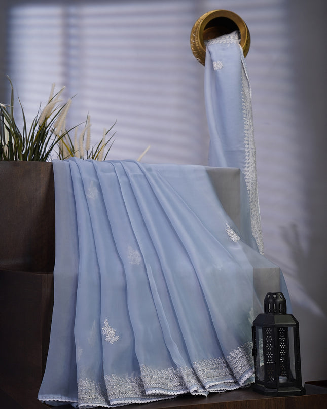 Soft Tissue Organza Silk with Kantha Work Lace Border - Sky Blue